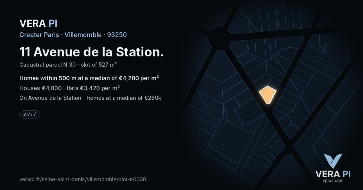 11 Avenue de la Station, Villemomble at night – the plot lit, the parcels around coloured by the prices near them