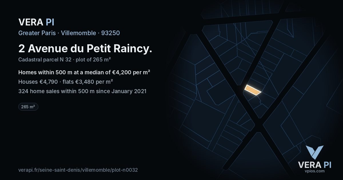 2 Avenue du Petit Raincy, Villemomble at night – the plot lit, the parcels around coloured by the prices near them