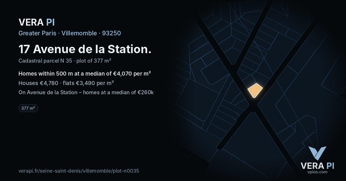 17 Avenue de la Station, Villemomble at night – the plot lit, the parcels around coloured by the prices near them
