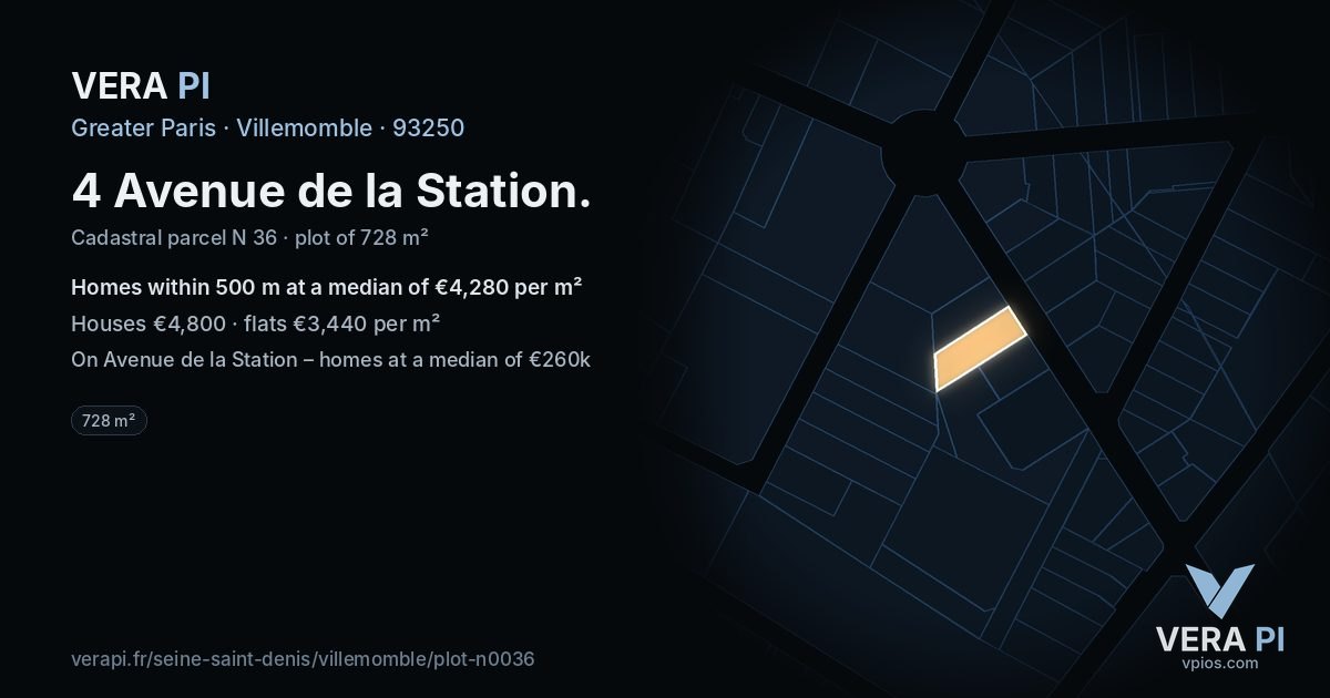 4 Avenue de la Station, Villemomble at night – the plot lit, the parcels around coloured by the prices near them