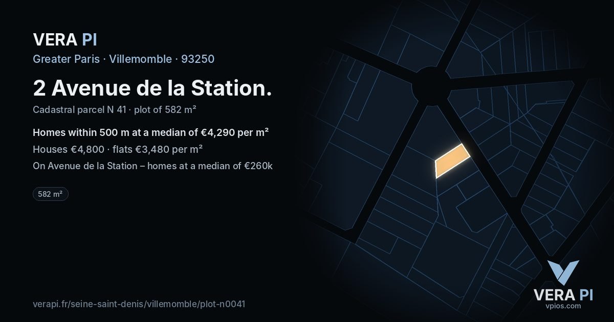 2 Avenue de la Station, Villemomble at night – the plot lit, the parcels around coloured by the prices near them