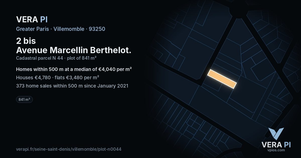 2 bis Avenue Marcellin Berthelot, Villemomble at night – the plot lit, the parcels around coloured by the prices near them