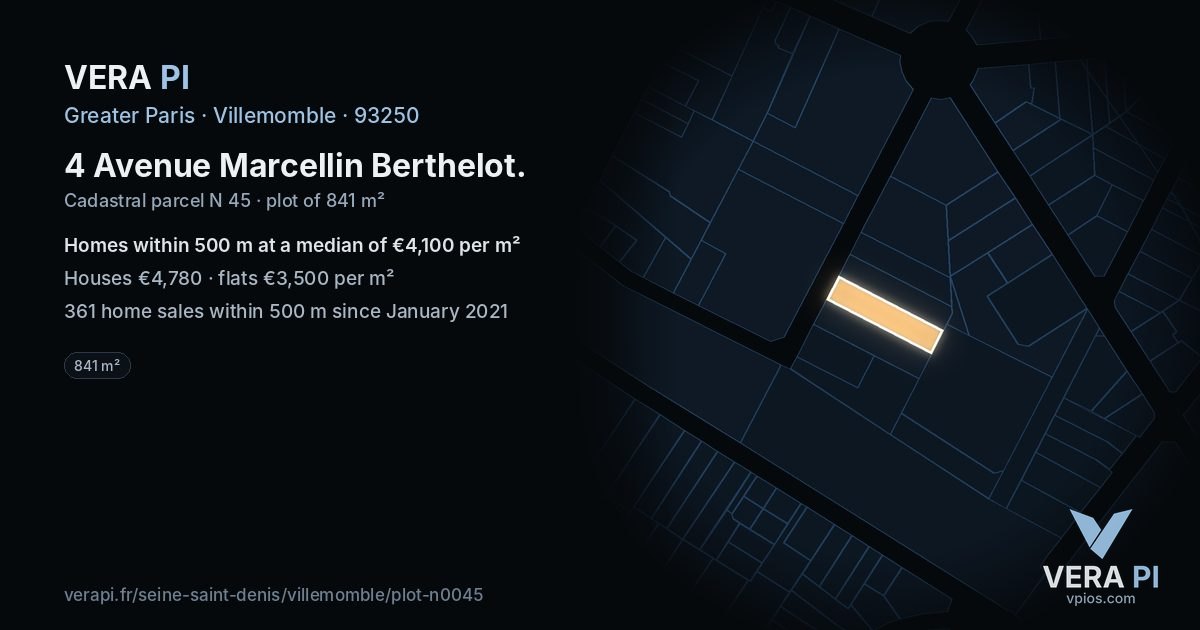 4 Avenue Marcellin Berthelot, Villemomble at night – the plot lit, the parcels around coloured by the prices near them