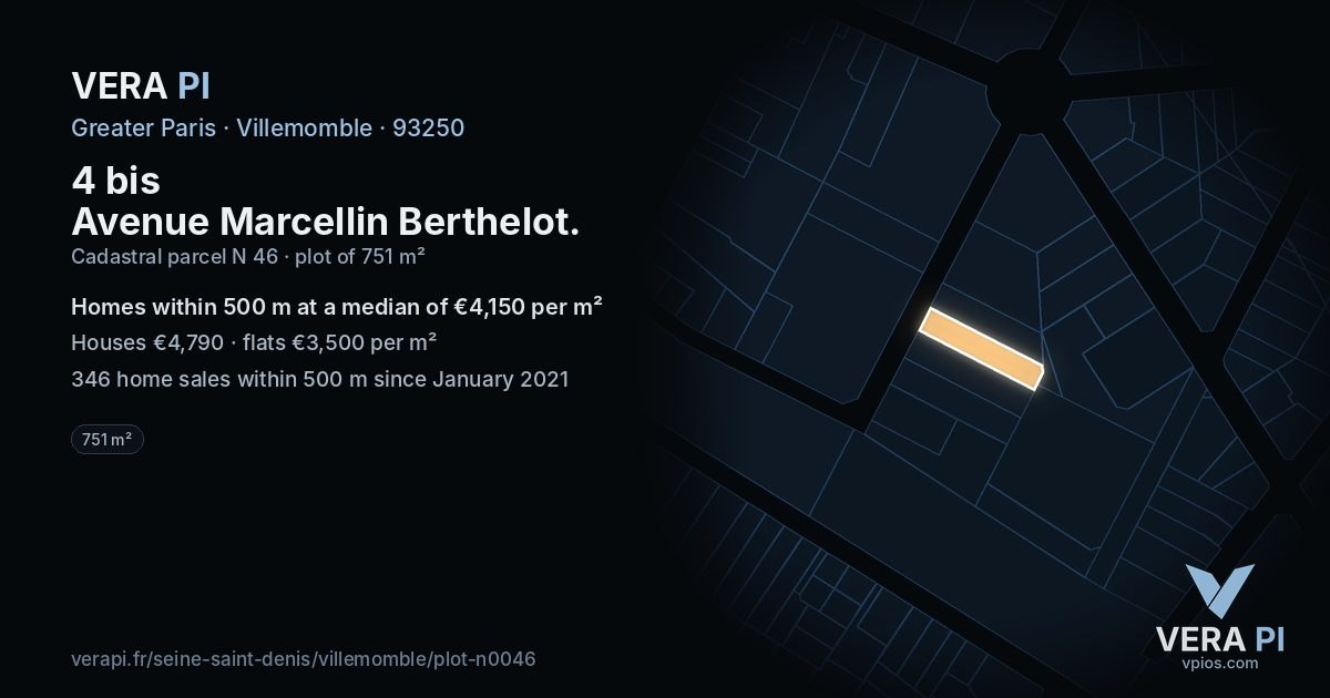 4 bis Avenue Marcellin Berthelot, Villemomble at night – the plot lit, the parcels around coloured by the prices near them