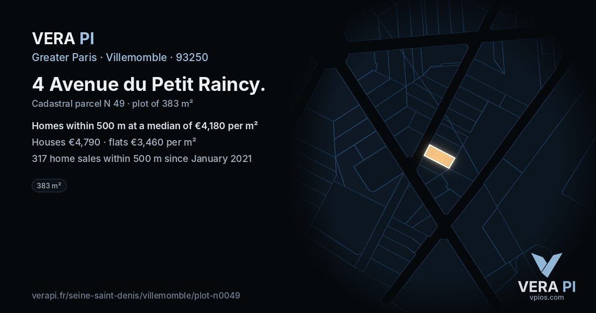 4 Avenue du Petit Raincy, Villemomble at night – the plot lit, the parcels around coloured by the prices near them