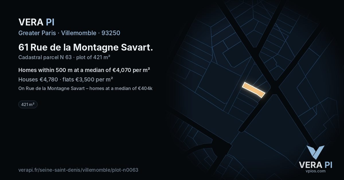 61 Rue de la Montagne Savart, Villemomble at night – the plot lit, the parcels around coloured by the prices near them