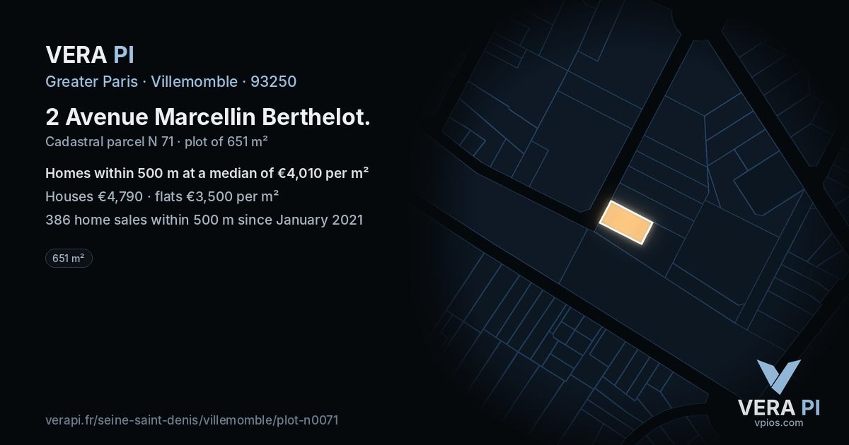 2 Avenue Marcellin Berthelot, Villemomble at night – the plot lit, the parcels around coloured by the prices near them