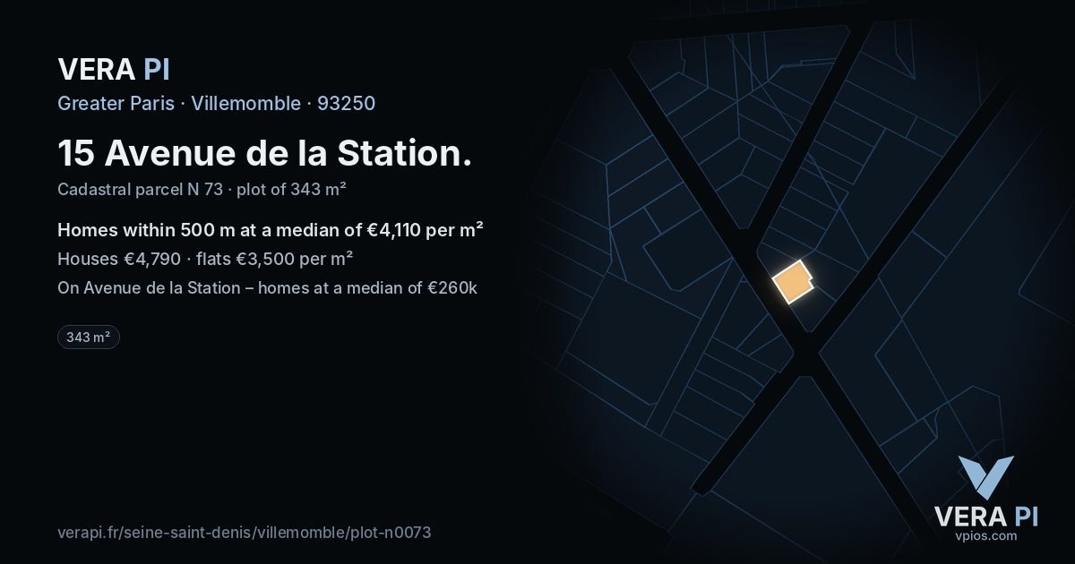 15 Avenue de la Station, Villemomble at night – the plot lit, the parcels around coloured by the prices near them