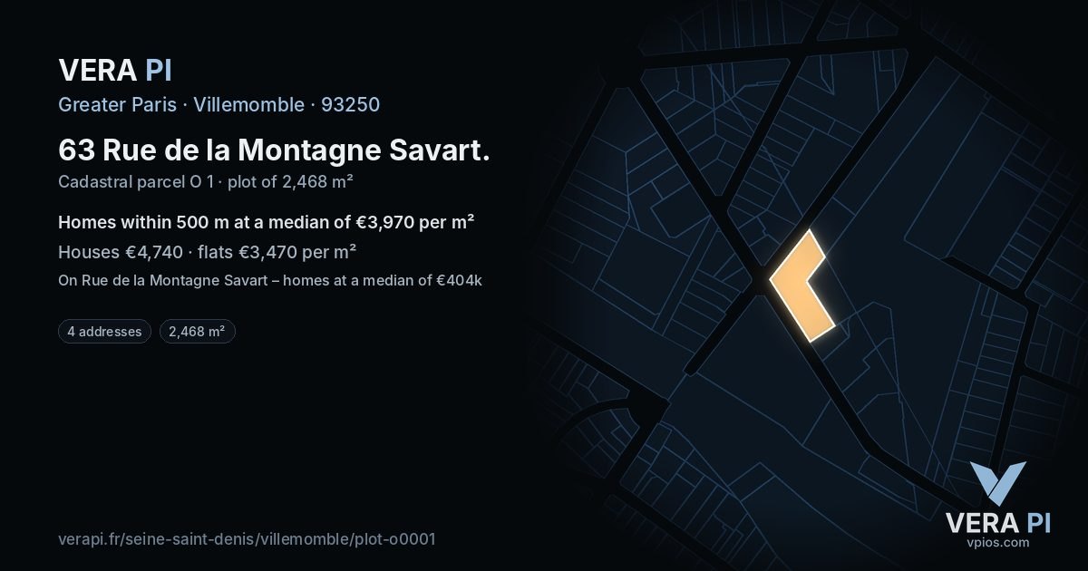 63 Rue de la Montagne Savart, Villemomble at night – the plot lit, the parcels around coloured by the prices near them