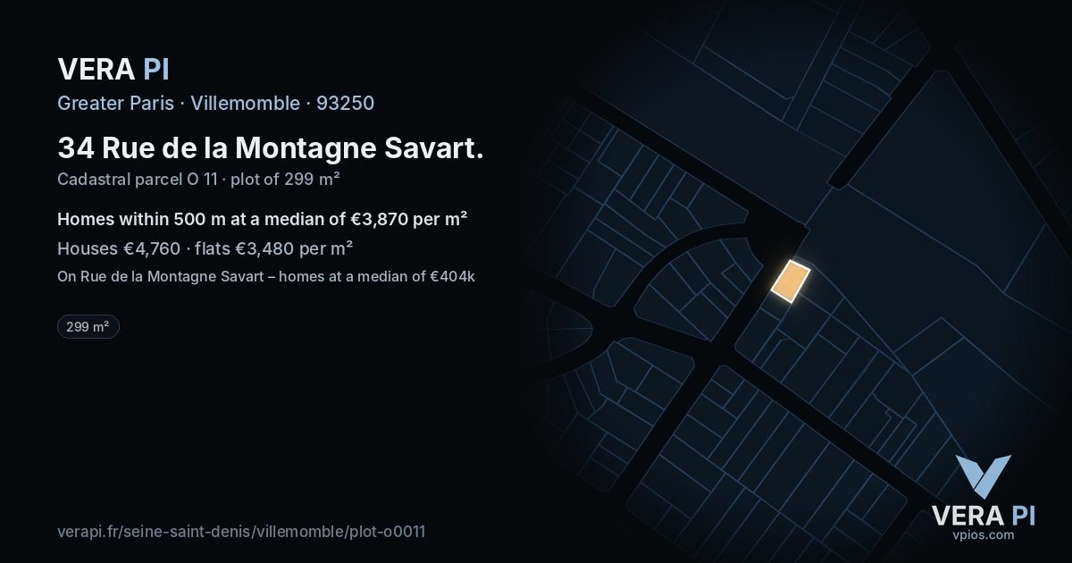 34 Rue de la Montagne Savart, Villemomble at night – the plot lit, the parcels around coloured by the prices near them