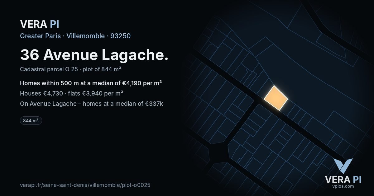 36 Avenue Lagache, Villemomble at night – the plot lit, the parcels around coloured by the prices near them