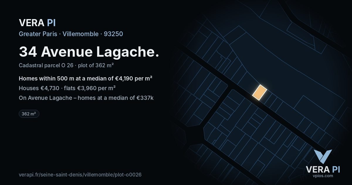 34 Avenue Lagache, Villemomble at night – the plot lit, the parcels around coloured by the prices near them