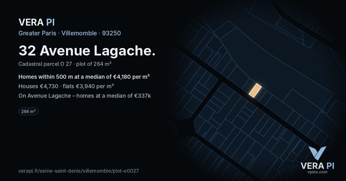 32 Avenue Lagache, Villemomble at night – the plot lit, the parcels around coloured by the prices near them