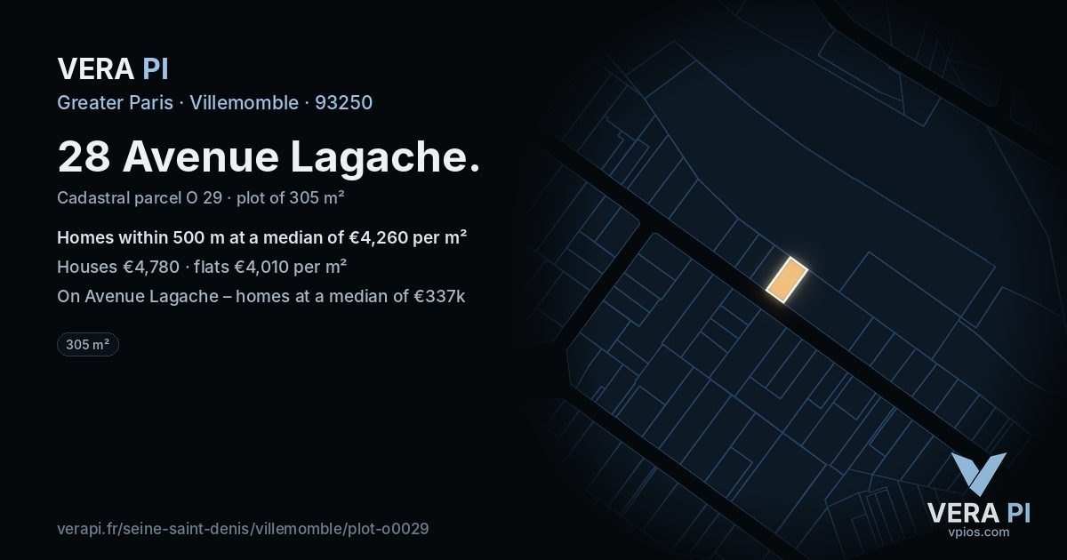 28 Avenue Lagache, Villemomble at night – the plot lit, the parcels around coloured by the prices near them