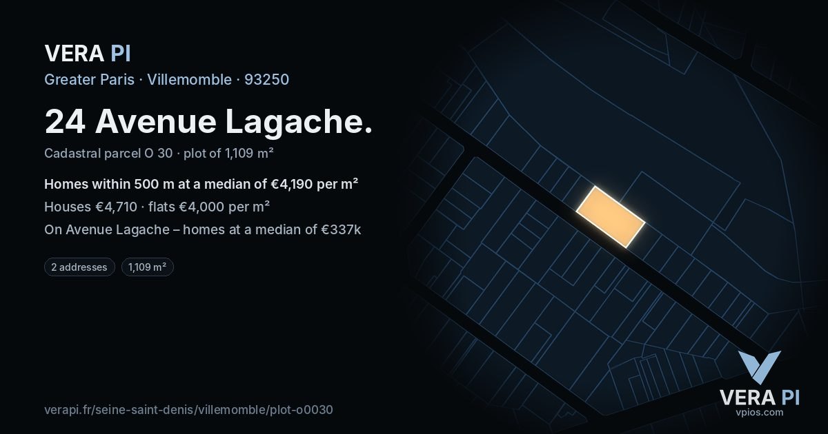 24 Avenue Lagache, Villemomble at night – the plot lit, the parcels around coloured by the prices near them
