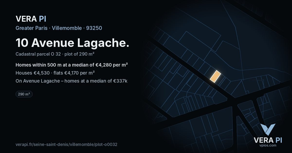 10 Avenue Lagache, Villemomble at night – the plot lit, the parcels around coloured by the prices near them