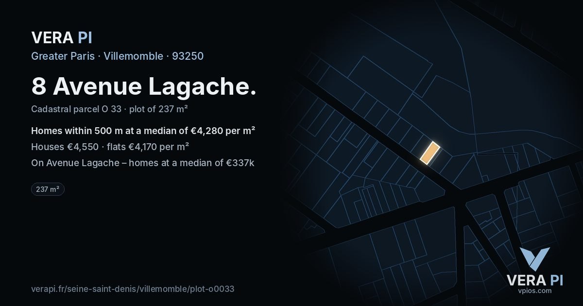 8 Avenue Lagache, Villemomble at night – the plot lit, the parcels around coloured by the prices near them