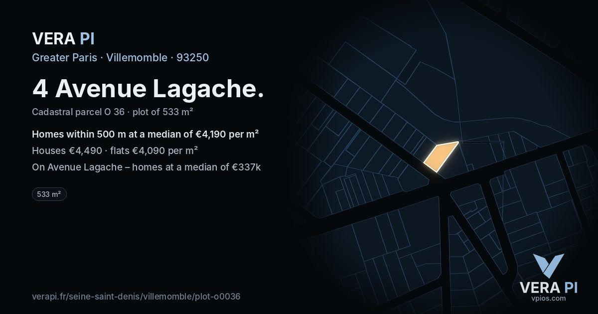 4 Avenue Lagache, Villemomble at night – the plot lit, the parcels around coloured by the prices near them
