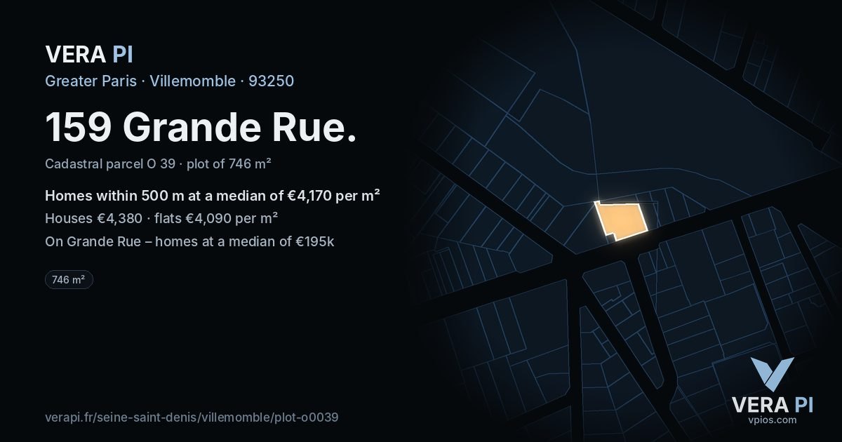 159 Grande Rue, Villemomble at night – the plot lit, the parcels around coloured by the prices near them