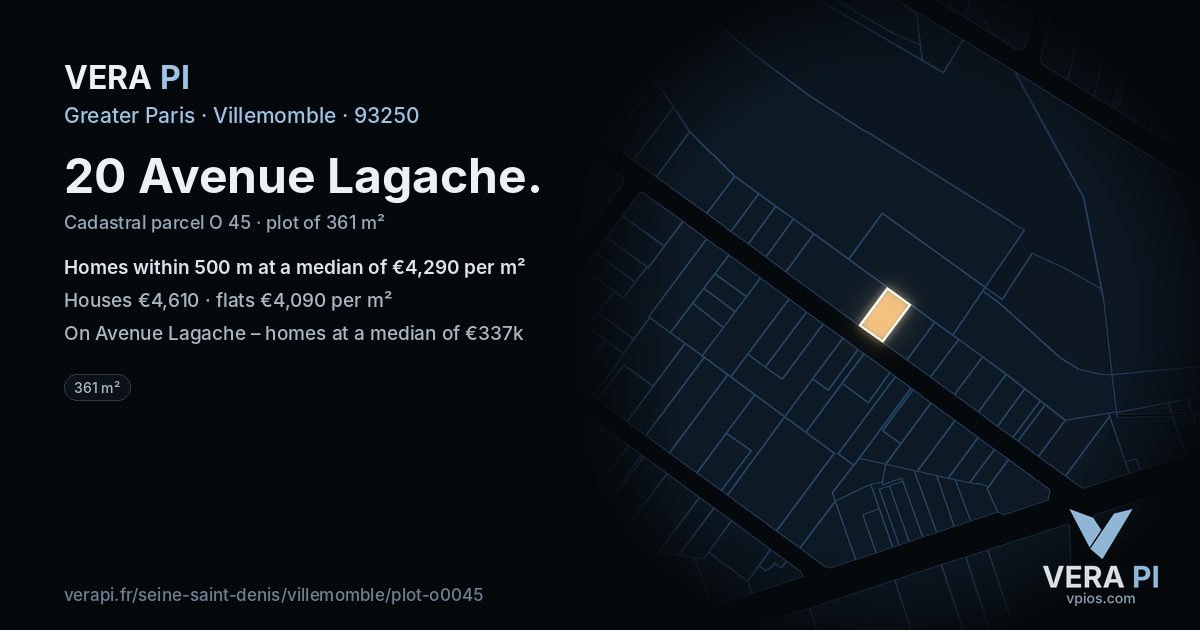 20 Avenue Lagache, Villemomble at night – the plot lit, the parcels around coloured by the prices near them