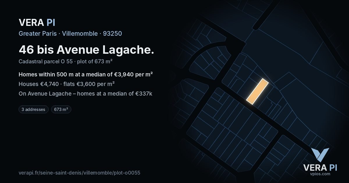 46 bis Avenue Lagache, Villemomble at night – the plot lit, the parcels around coloured by the prices near them