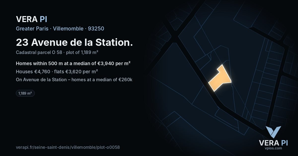 23 Avenue de la Station, Villemomble at night – the plot lit, the parcels around coloured by the prices near them