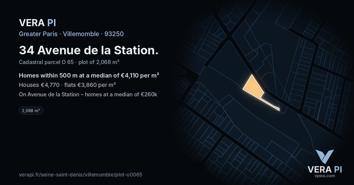 34 Avenue de la Station, Villemomble at night – the plot lit, the parcels around coloured by the prices near them