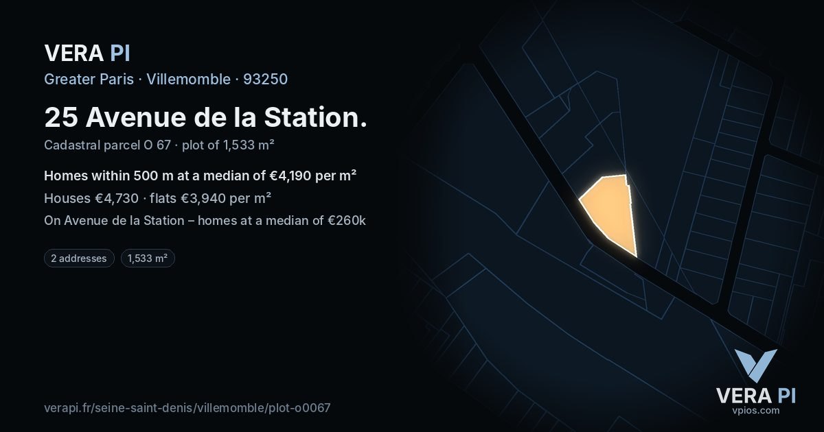 25 Avenue de la Station, Villemomble at night – the plot lit, the parcels around coloured by the prices near them