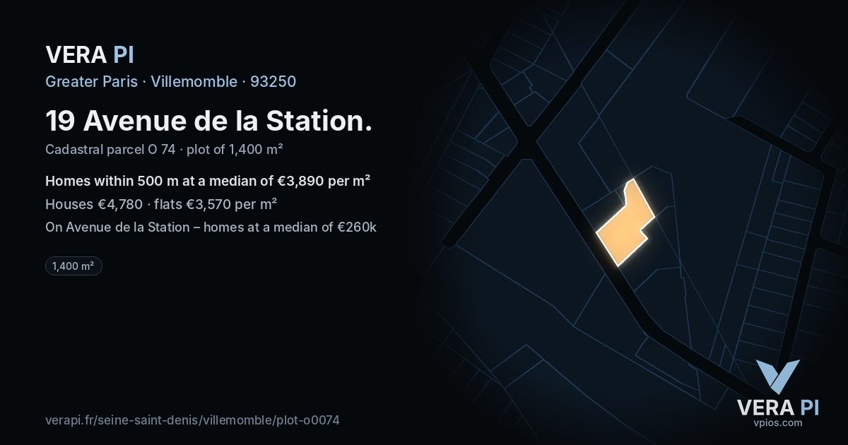 19 Avenue de la Station, Villemomble at night – the plot lit, the parcels around coloured by the prices near them