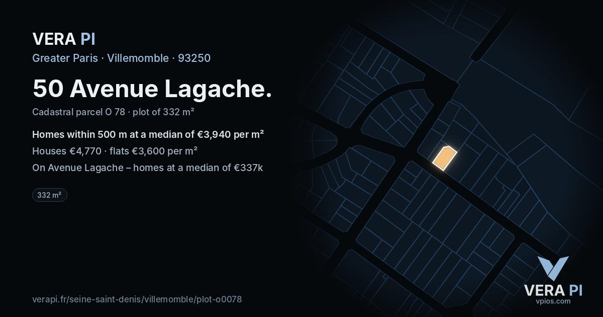 50 Avenue Lagache, Villemomble at night – the plot lit, the parcels around coloured by the prices near them
