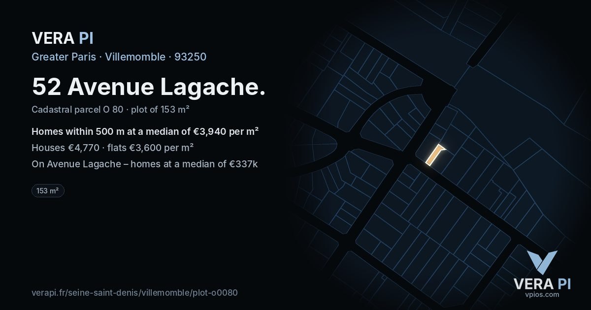52 Avenue Lagache, Villemomble at night – the plot lit, the parcels around coloured by the prices near them