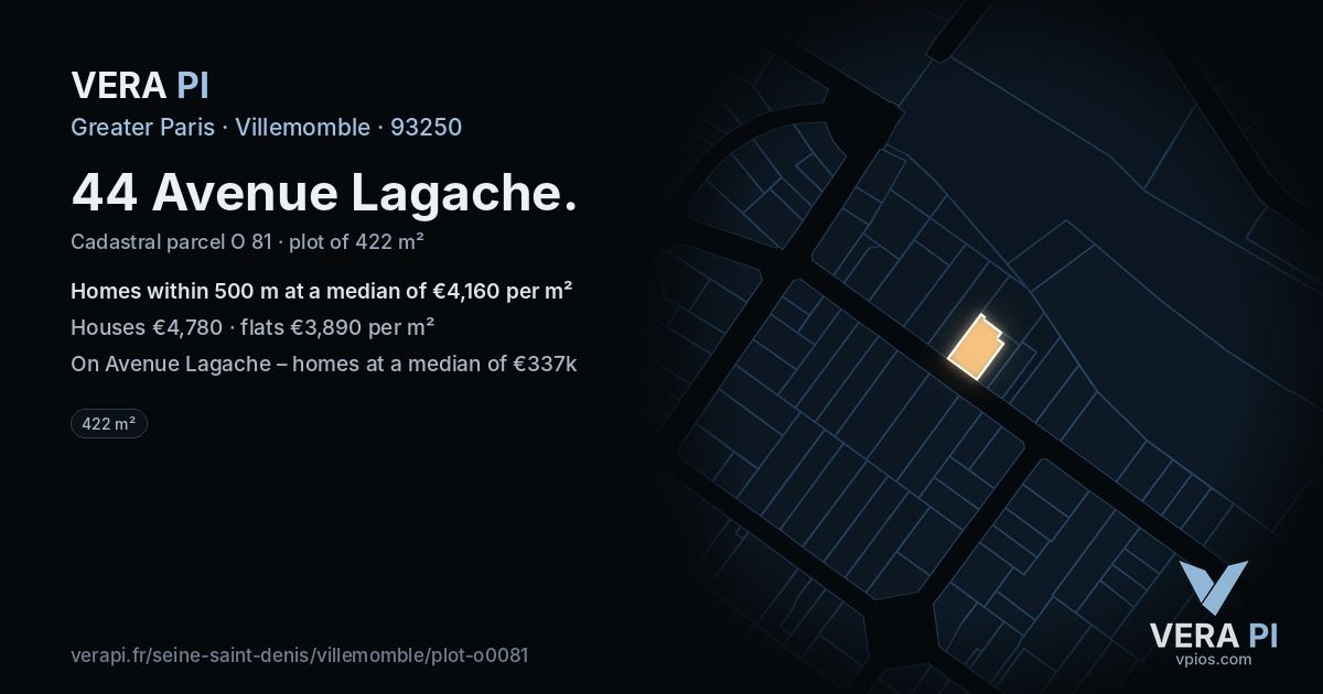 44 Avenue Lagache, Villemomble at night – the plot lit, the parcels around coloured by the prices near them