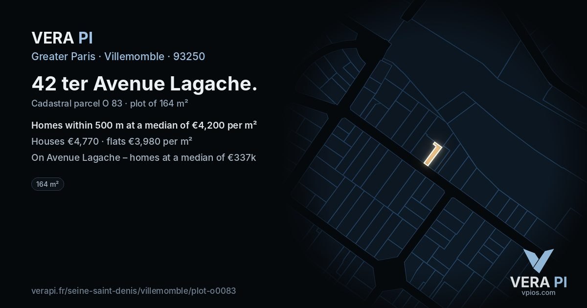 42 ter Avenue Lagache, Villemomble at night – the plot lit, the parcels around coloured by the prices near them