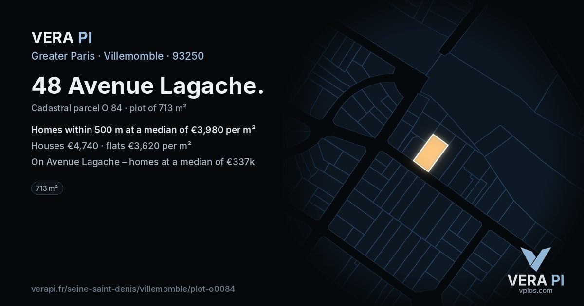 48 Avenue Lagache, Villemomble at night – the plot lit, the parcels around coloured by the prices near them