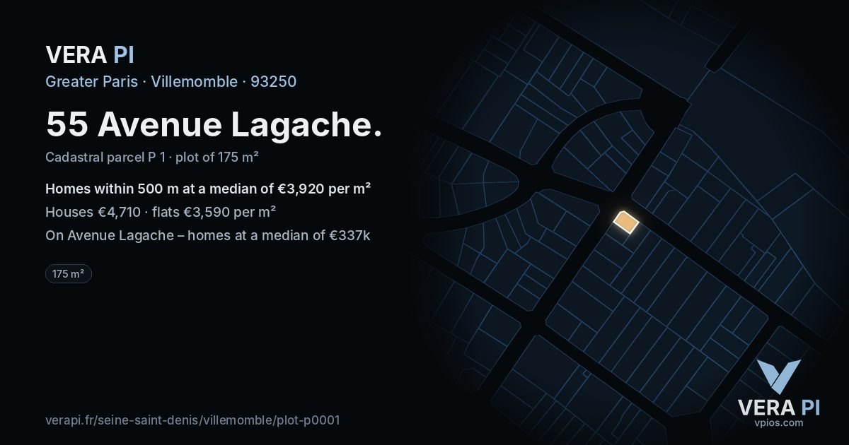 55 Avenue Lagache, Villemomble at night – the plot lit, the parcels around coloured by the prices near them
