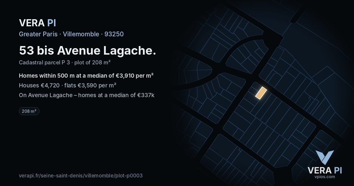 53 bis Avenue Lagache, Villemomble at night – the plot lit, the parcels around coloured by the prices near them