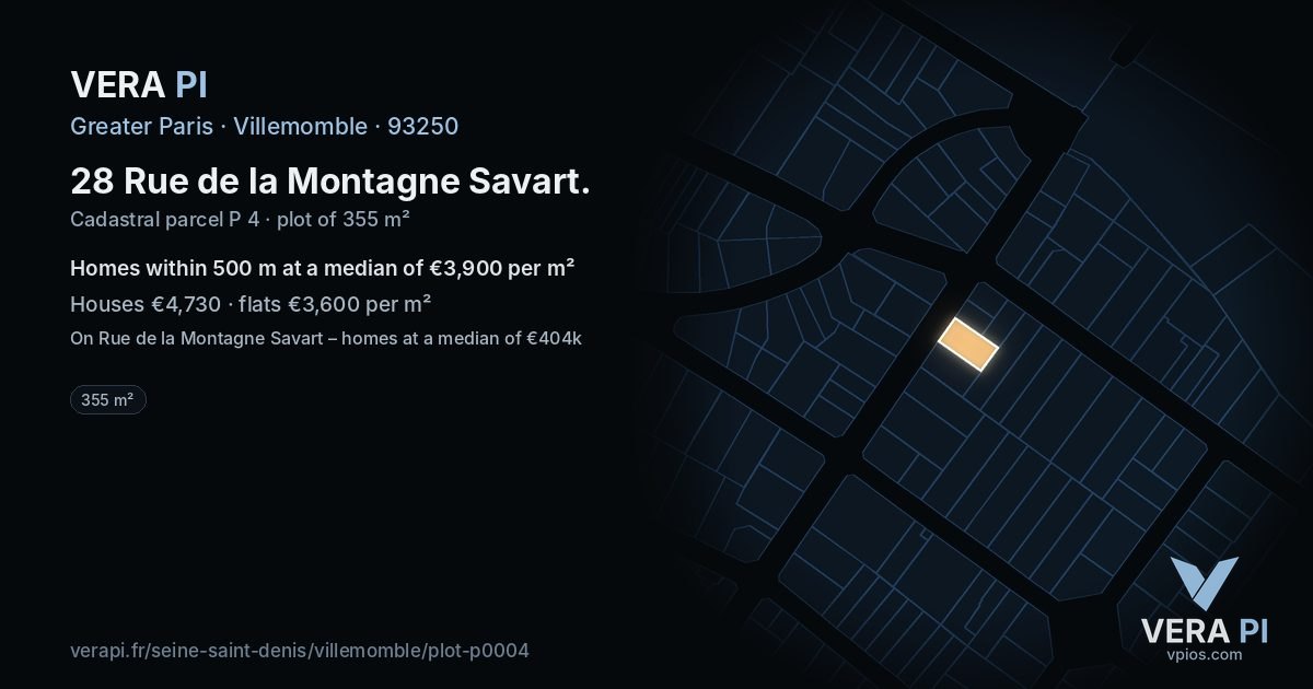 28 Rue de la Montagne Savart, Villemomble at night – the plot lit, the parcels around coloured by the prices near them