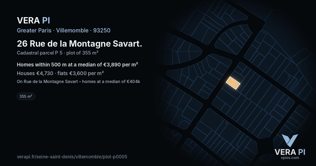 26 Rue de la Montagne Savart, Villemomble at night – the plot lit, the parcels around coloured by the prices near them