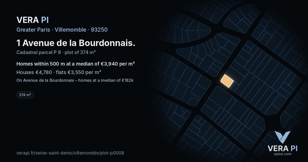 1 Avenue de la Bourdonnais, Villemomble at night – the plot lit, the parcels around coloured by the prices near them