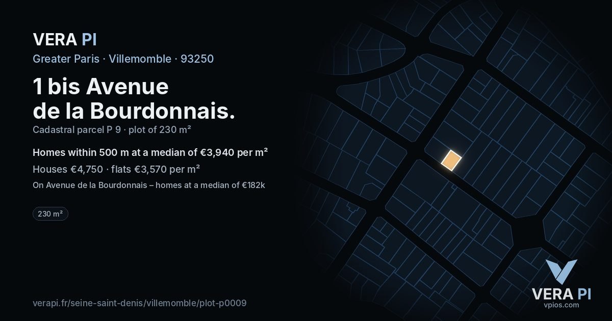 1 bis Avenue de la Bourdonnais, Villemomble at night – the plot lit, the parcels around coloured by the prices near them