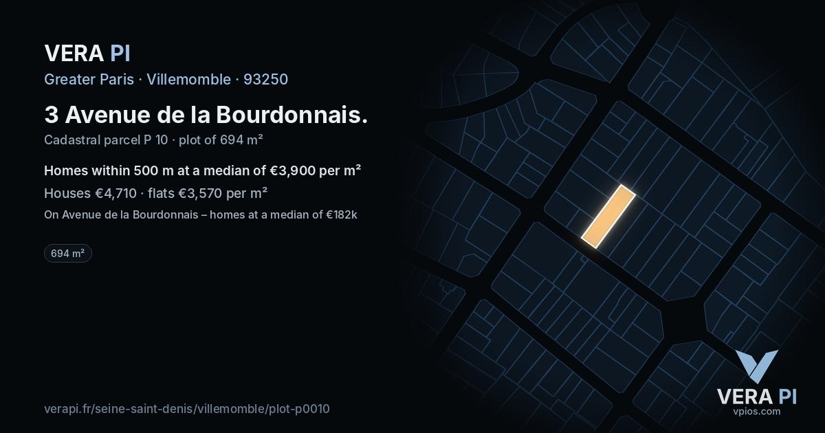 3 Avenue de la Bourdonnais, Villemomble at night – the plot lit, the parcels around coloured by the prices near them