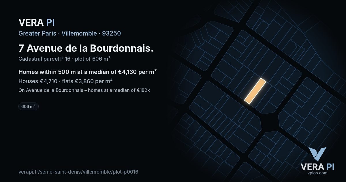 7 Avenue de la Bourdonnais, Villemomble at night – the plot lit, the parcels around coloured by the prices near them