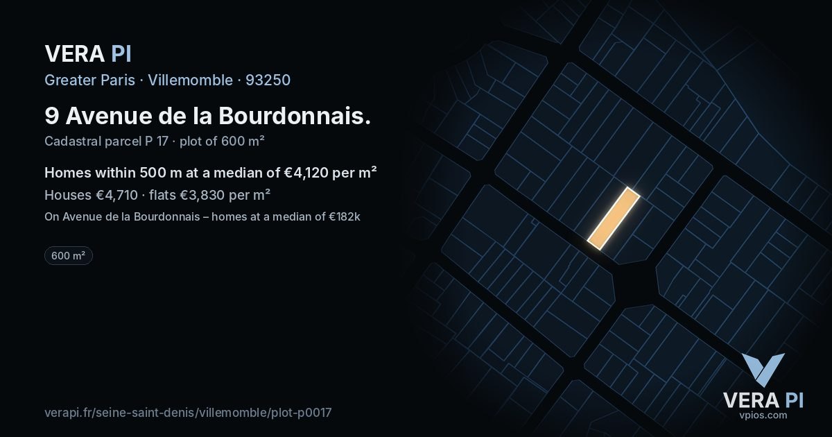 9 Avenue de la Bourdonnais, Villemomble at night – the plot lit, the parcels around coloured by the prices near them