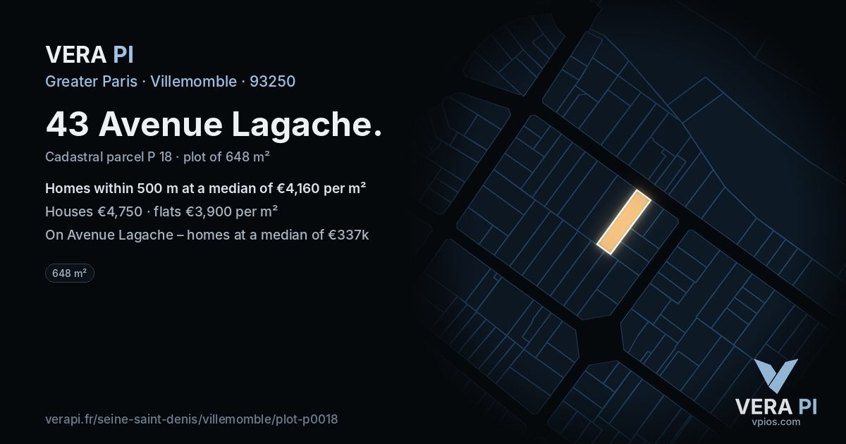 43 Avenue Lagache, Villemomble at night – the plot lit, the parcels around coloured by the prices near them