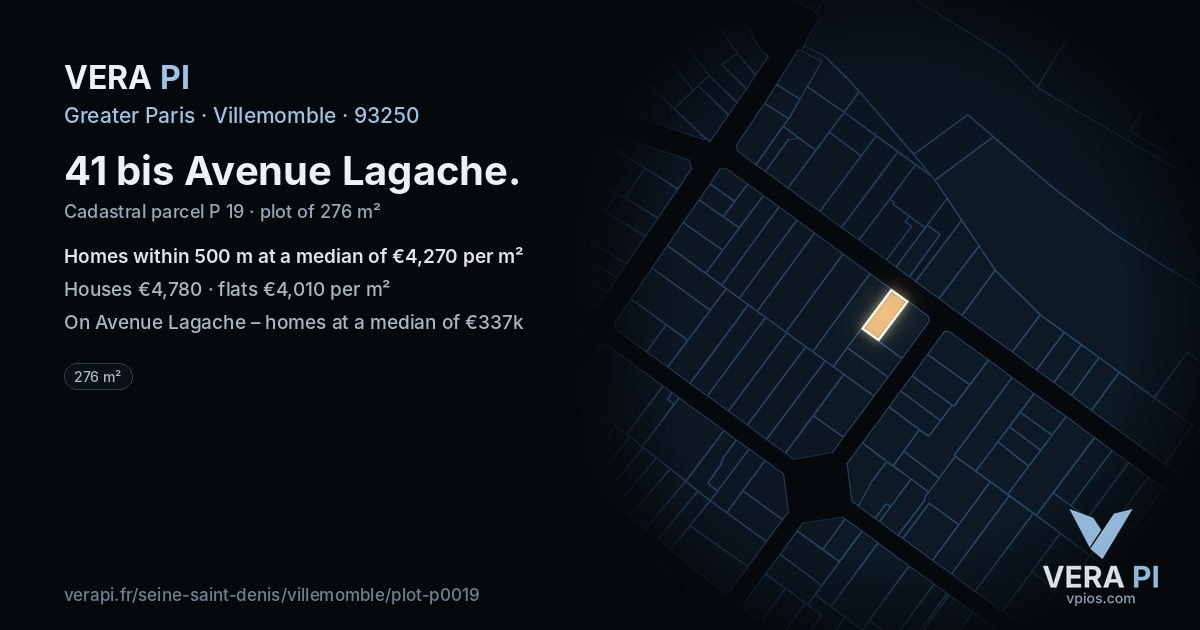 41 bis Avenue Lagache, Villemomble at night – the plot lit, the parcels around coloured by the prices near them