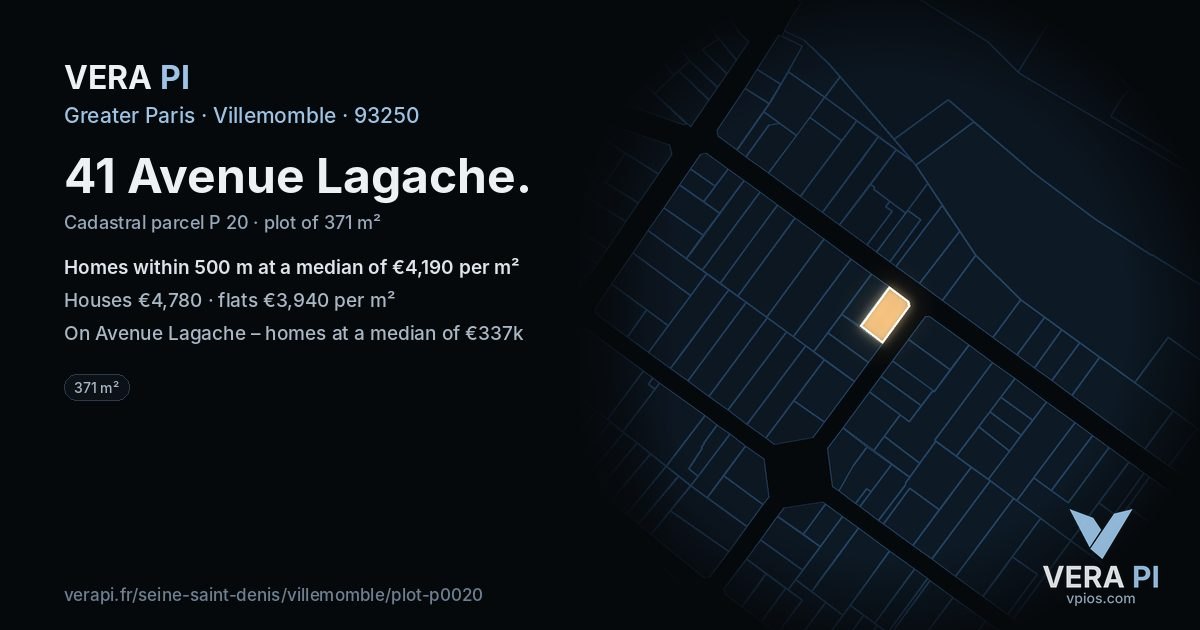 41 Avenue Lagache, Villemomble at night – the plot lit, the parcels around coloured by the prices near them