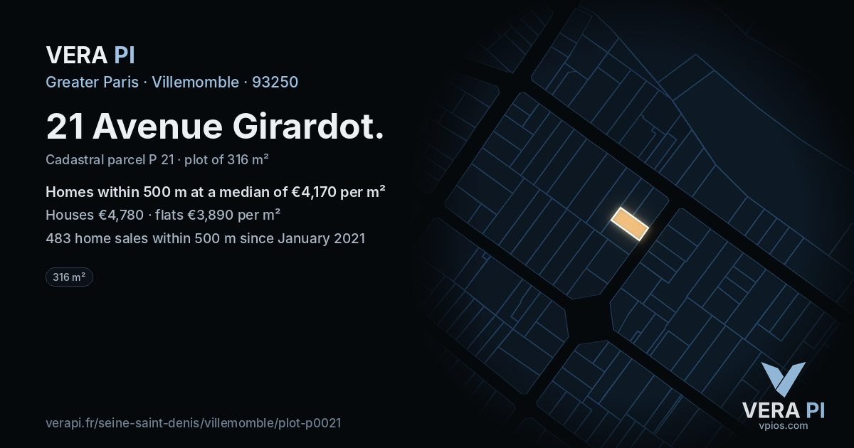 21 Avenue Girardot, Villemomble at night – the plot lit, the parcels around coloured by the prices near them