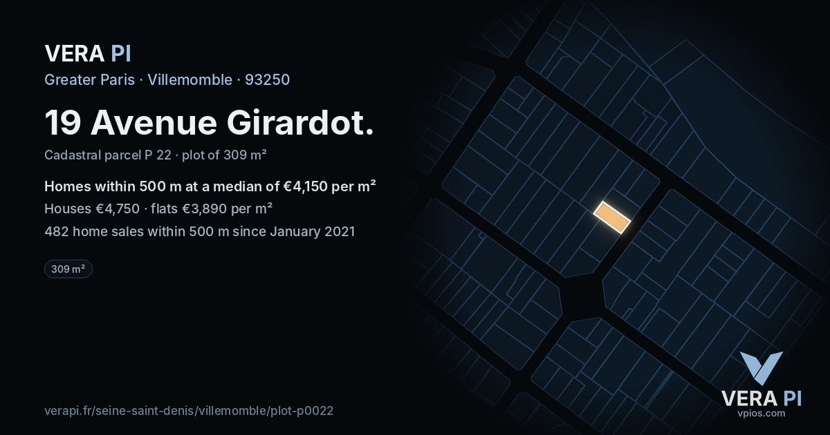 19 Avenue Girardot, Villemomble at night – the plot lit, the parcels around coloured by the prices near them