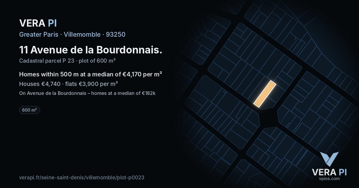 11 Avenue de la Bourdonnais, Villemomble at night – the plot lit, the parcels around coloured by the prices near them