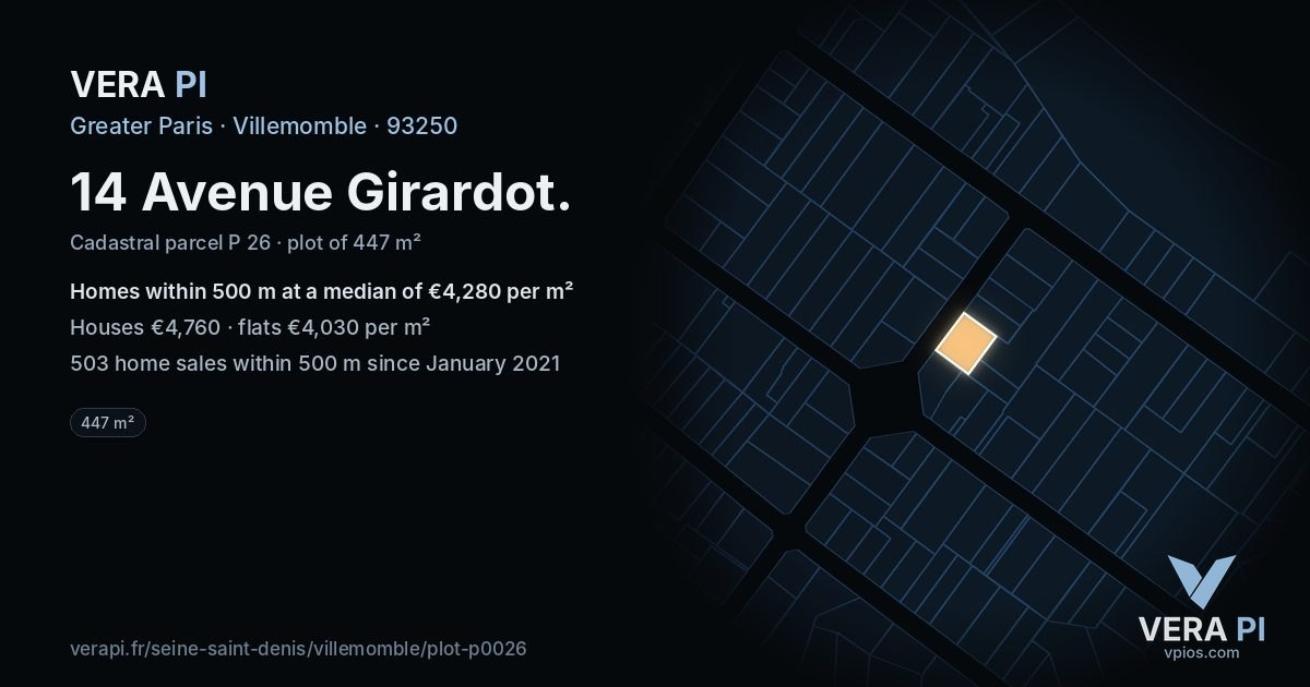 14 Avenue Girardot, Villemomble at night – the plot lit, the parcels around coloured by the prices near them